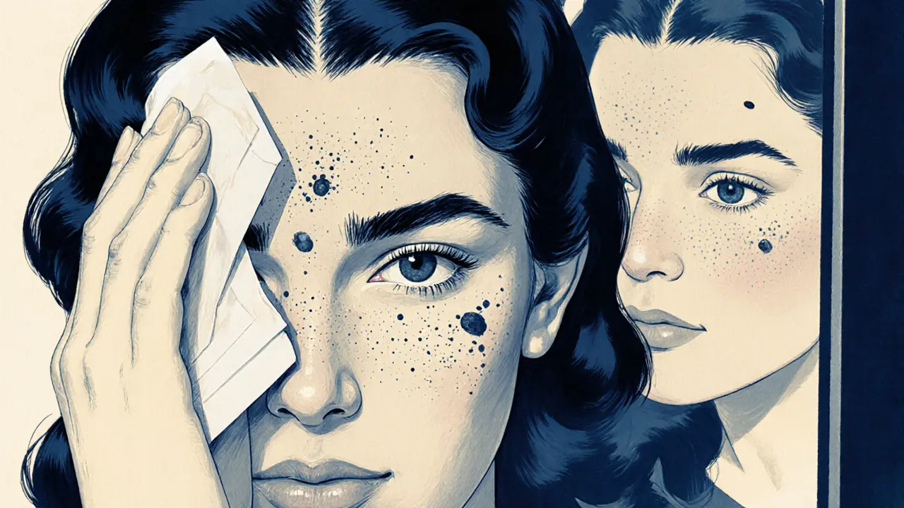 Рука с салфеткой, оставляющей жирный след на коже, с отражением черных точек в зеркале.