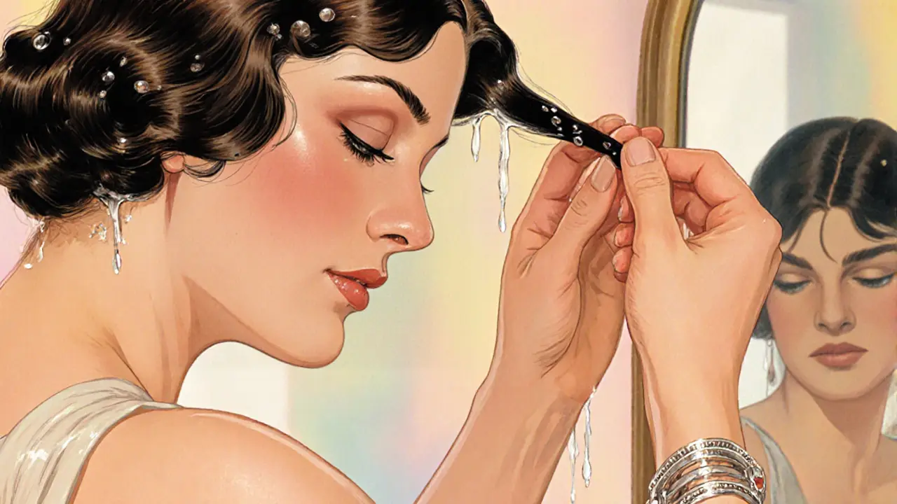 Рука женщины осторожно растягивает мокрую прядь волос, проверяя эластичность.