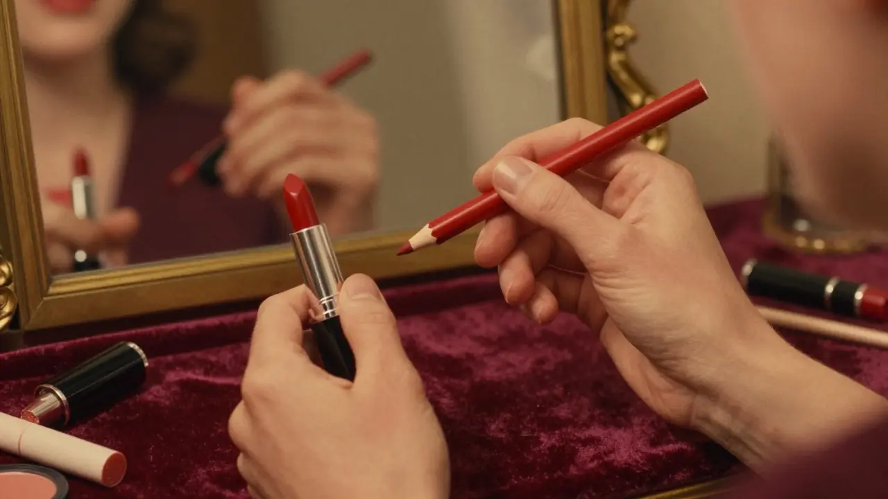 Руки держат карандаш и помаду на бархатной поверхности, в зеркале отражаются идеально подведенные губы.