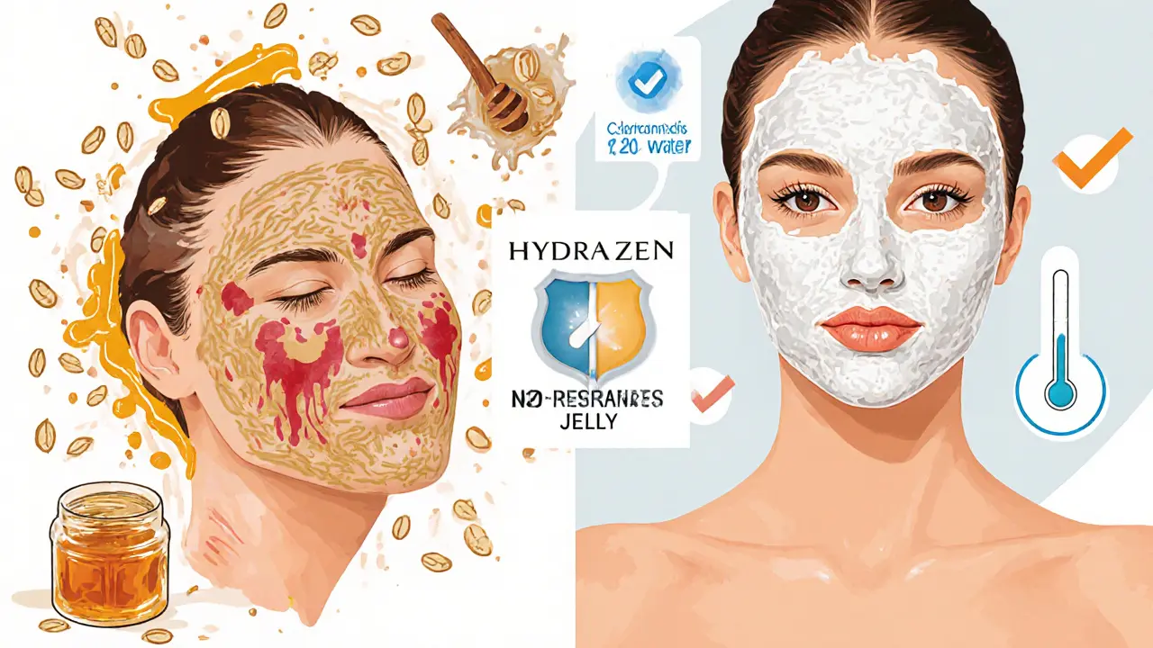 Сравнение: хаотичная домашняя маска с раздражением слева и чистая профессиональная маска справа с пометками безопасности.