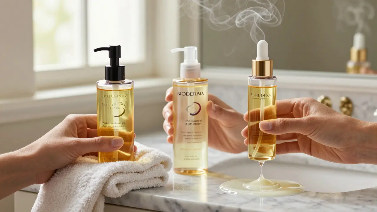 Три бутылочки гидрофильных масел на мраморной поверхности с паром и каплей воды.