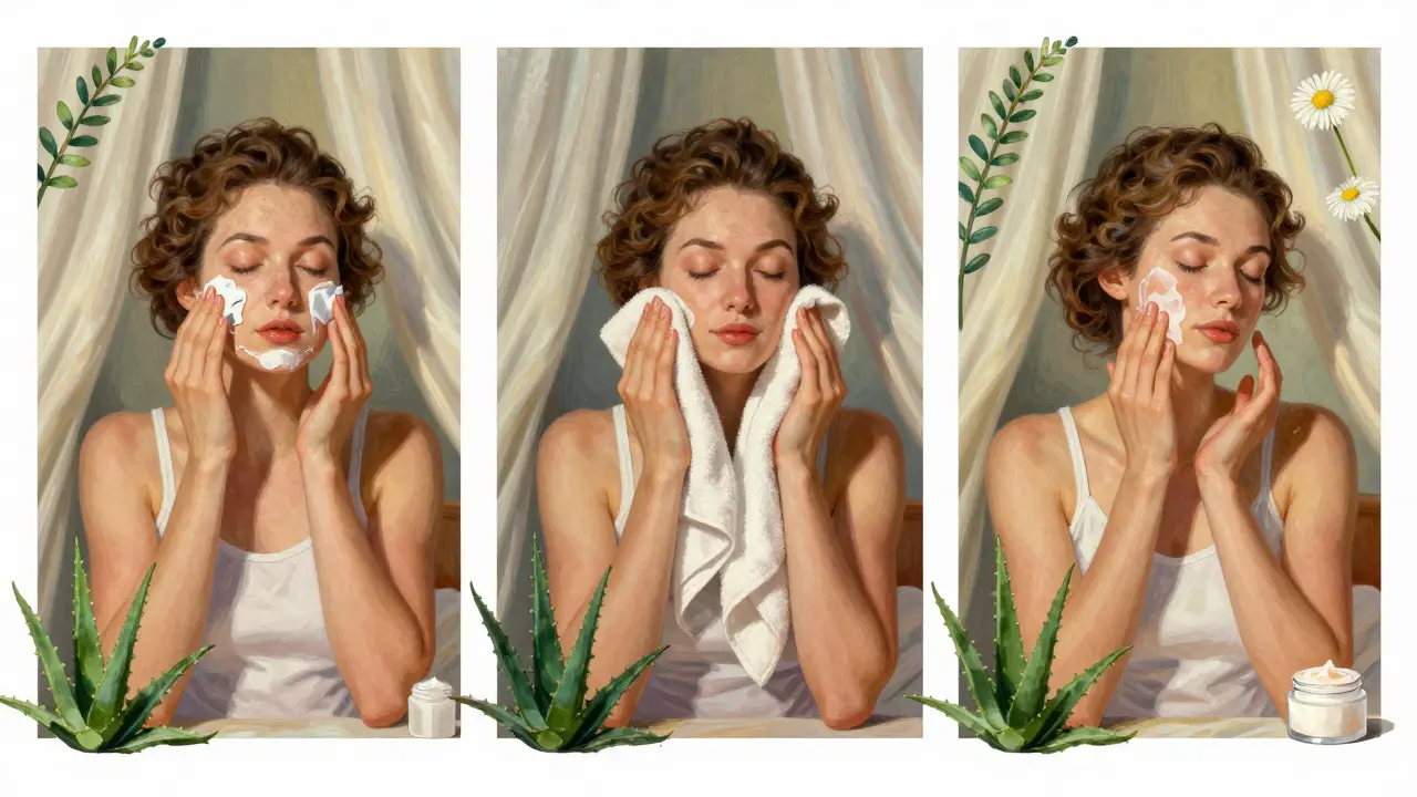 Три сцены ухода за кожей: очищение, промокание, увлажнение — изображены в стиле элегантной иллюстрации начала XX века.