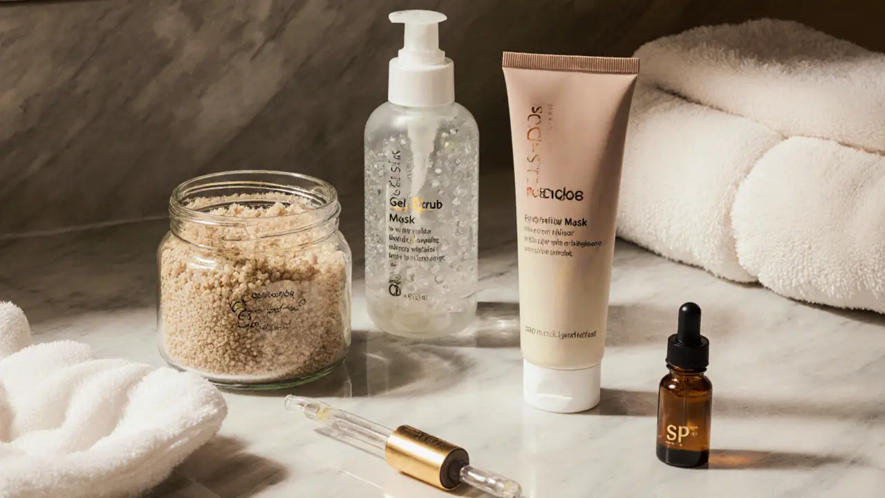 Три типа скрабов на мраморной поверхности: с сахаром, гелевый и маска-скраб, рядом — сыворотка и SPF.