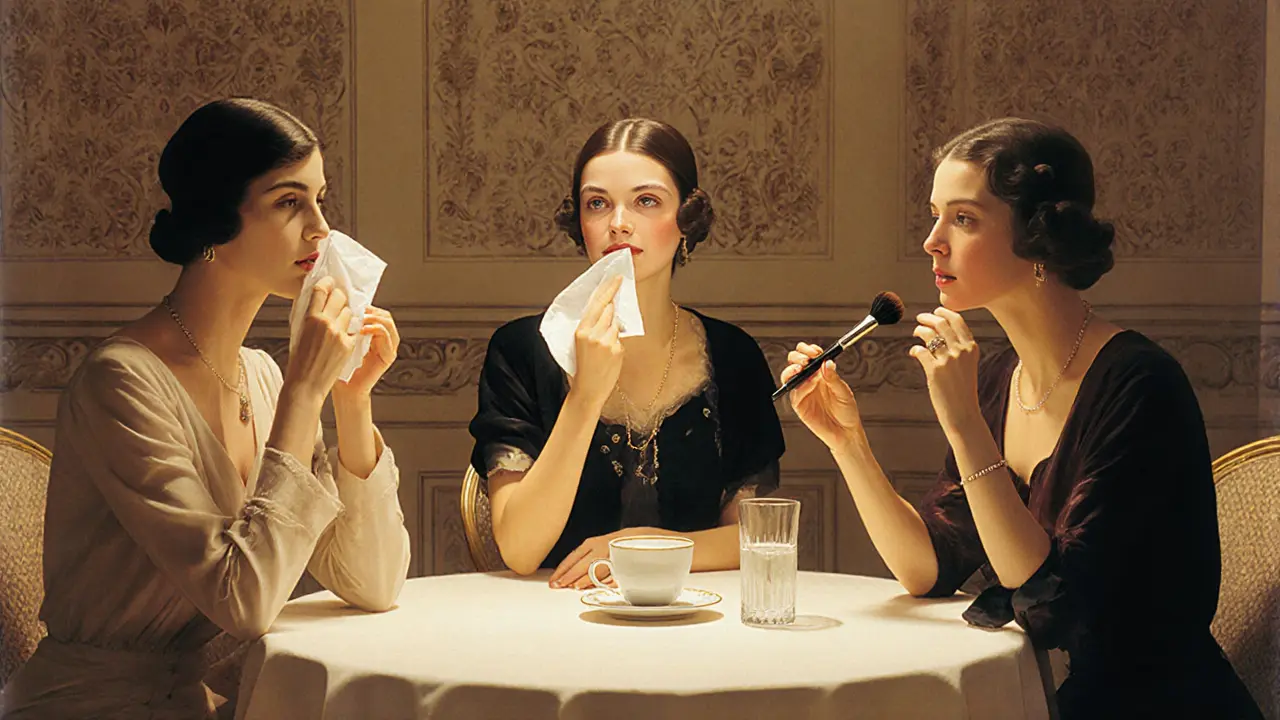 Три женщины используют разные методы фиксации помады за чайным столом.