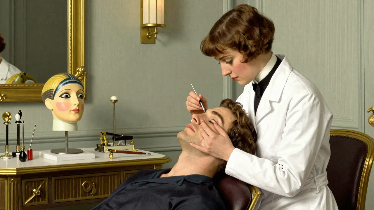 Врач в белом халате вводит филлер в нос пациенту в стиле ар-деко кабинета.