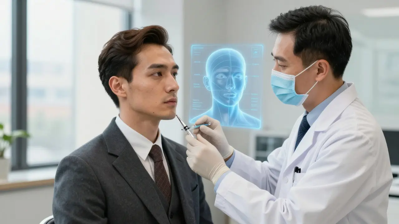Врач вводит филлер в висок пациента в клинике, рядом с ним — цифровая 3D-модель лица.