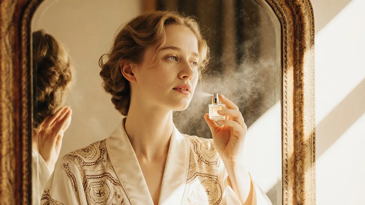 Женщина аккуратно наносит туалетную воду на шею и за ухо.