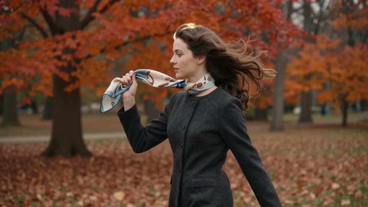 Женщина идет по парку с распущенными волосами, держа шелковый платок.