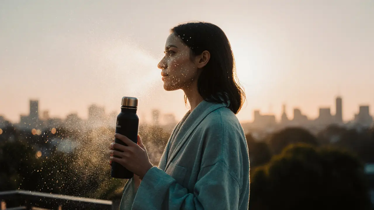 Женщина на балконе в закатном свете распыляет туман, воздух искрится каплями влаги.