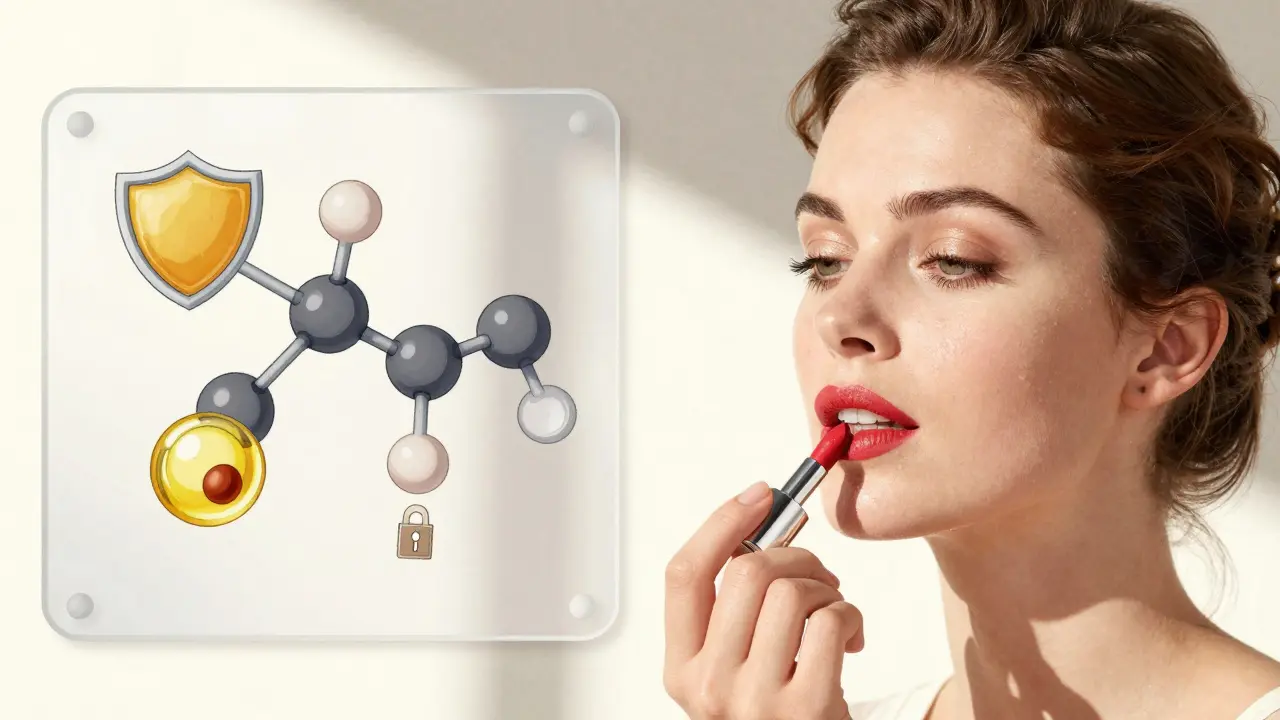 Женщина наносит лёгкую смесь масел под помаду в солнечном свете, с молекулярными схемами.