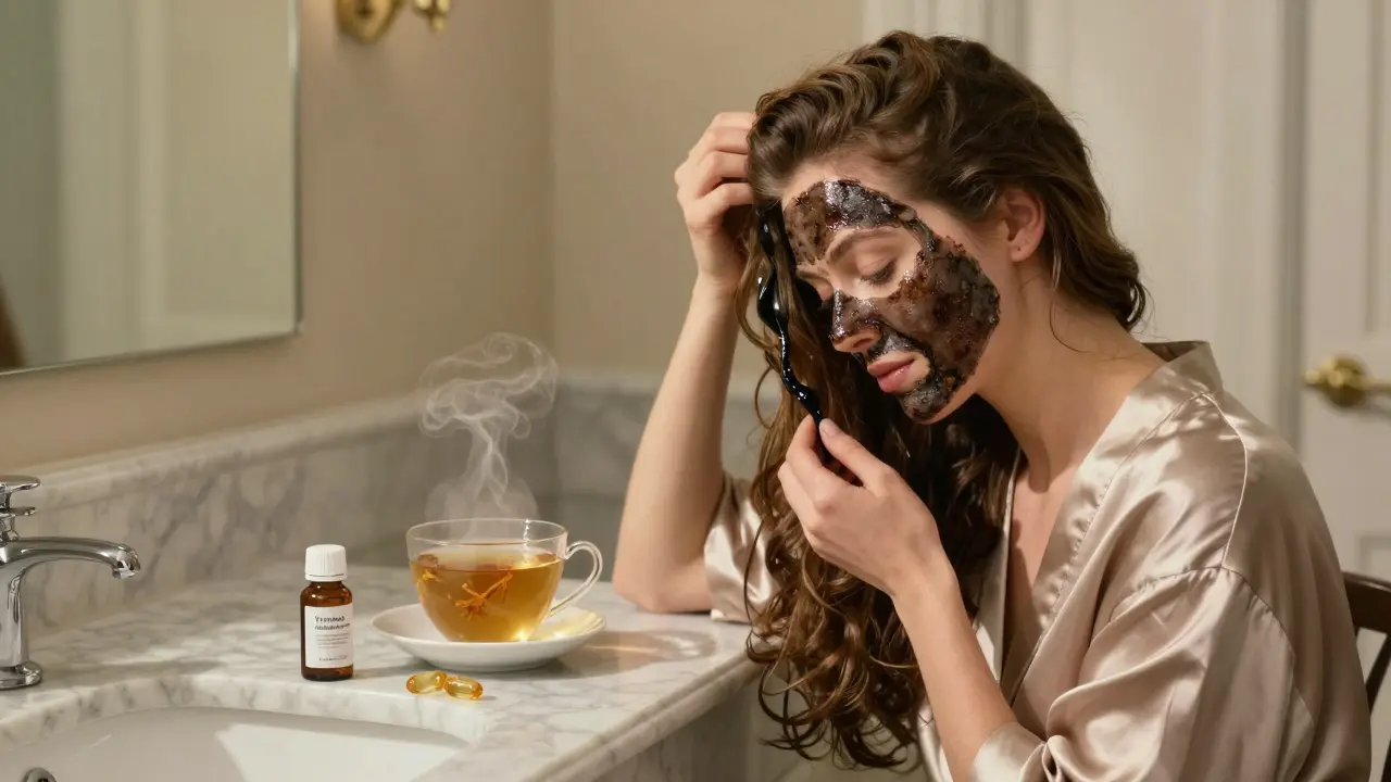 Женщина наносит маску для волос с витаминами на фоне ванной комнаты.