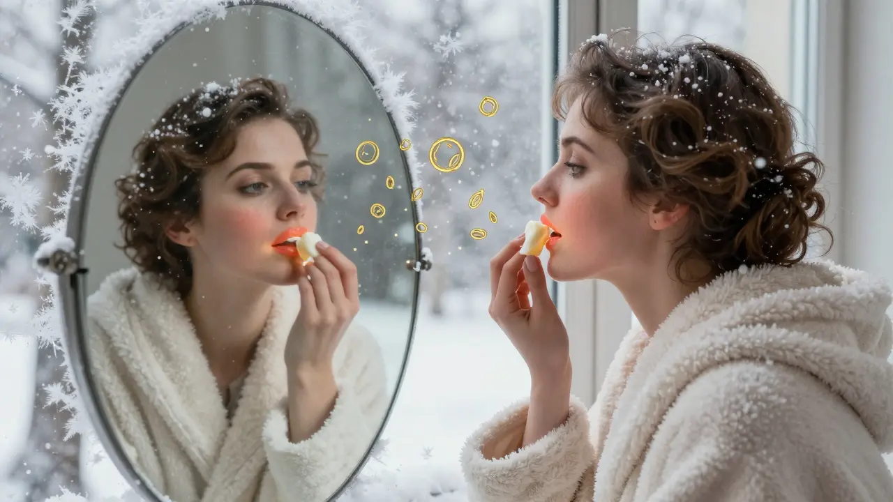 Женщина наносит масло ши на треснувшие губы зимой, за окном — снег.