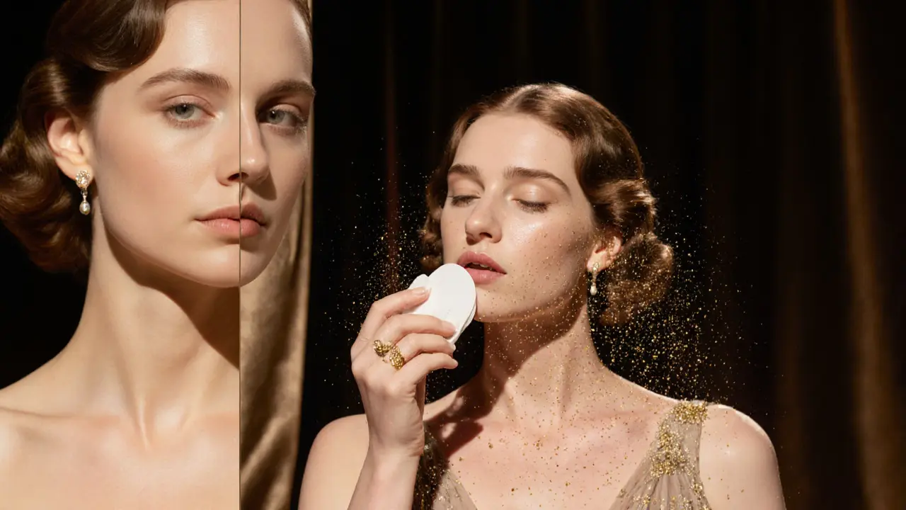 Женщина наносит тоник с салициловой кислотой, вокруг неё — золотые частицы, символизирующие проникновение в поры.