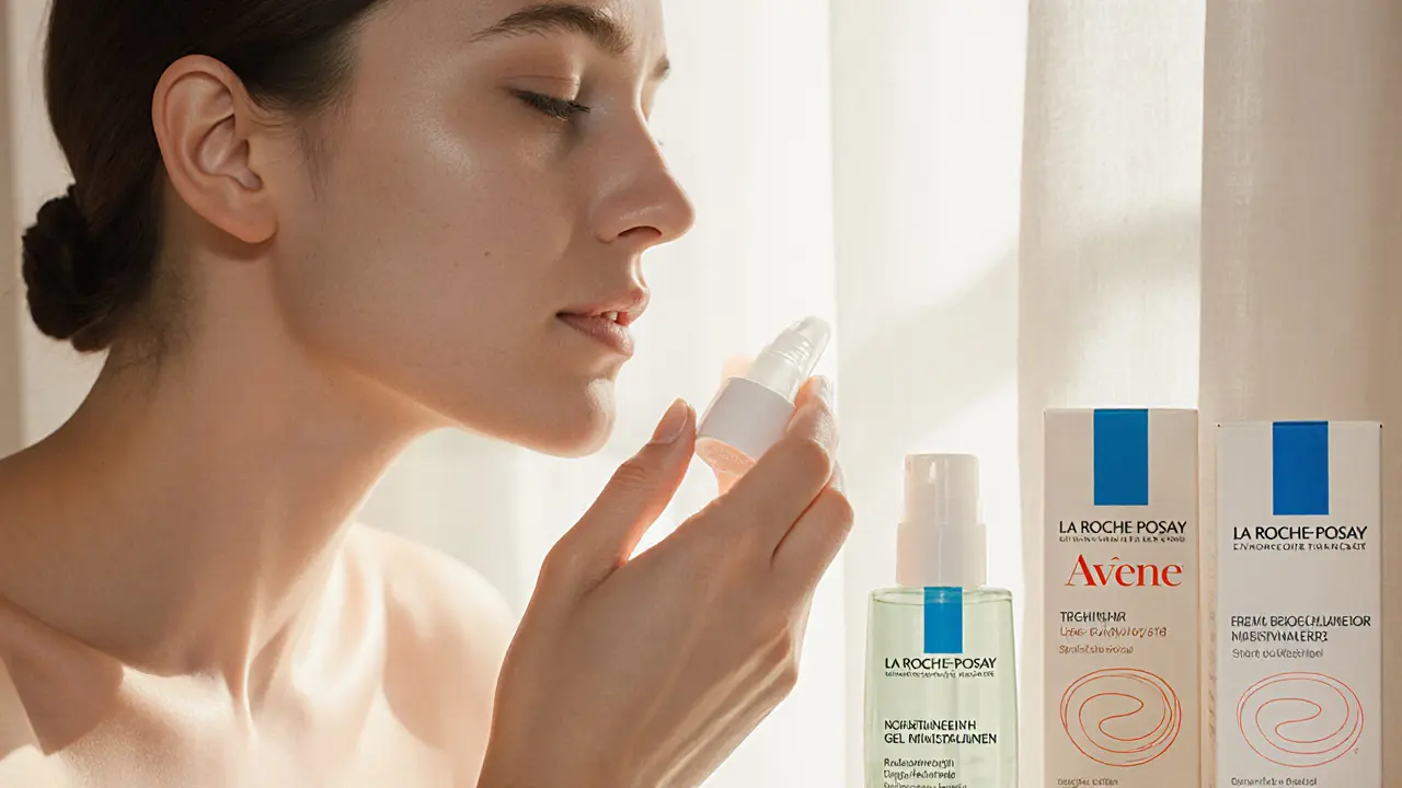 Женщина наносит увлажняющий гель на лицо, рядом — флаконы ухода, мягкий утренний свет.