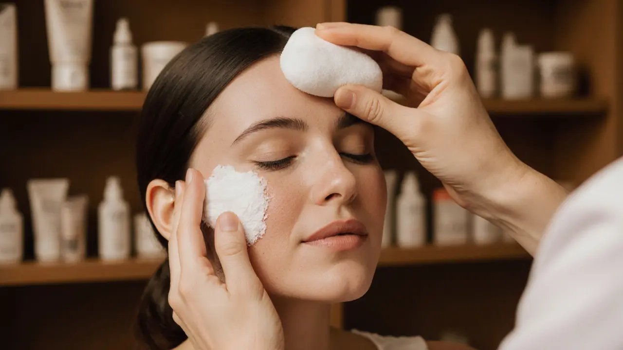 Женщина наносит увлажняющий крем после скраба, прохладный компресс на лбу, спокойное выражение лица.