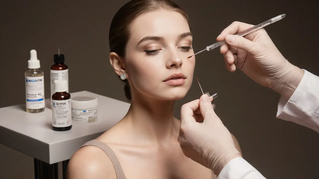 Женщина получает инъекцию с помощью канюли, рядом лежат витамины и кремы для снижения синяков.