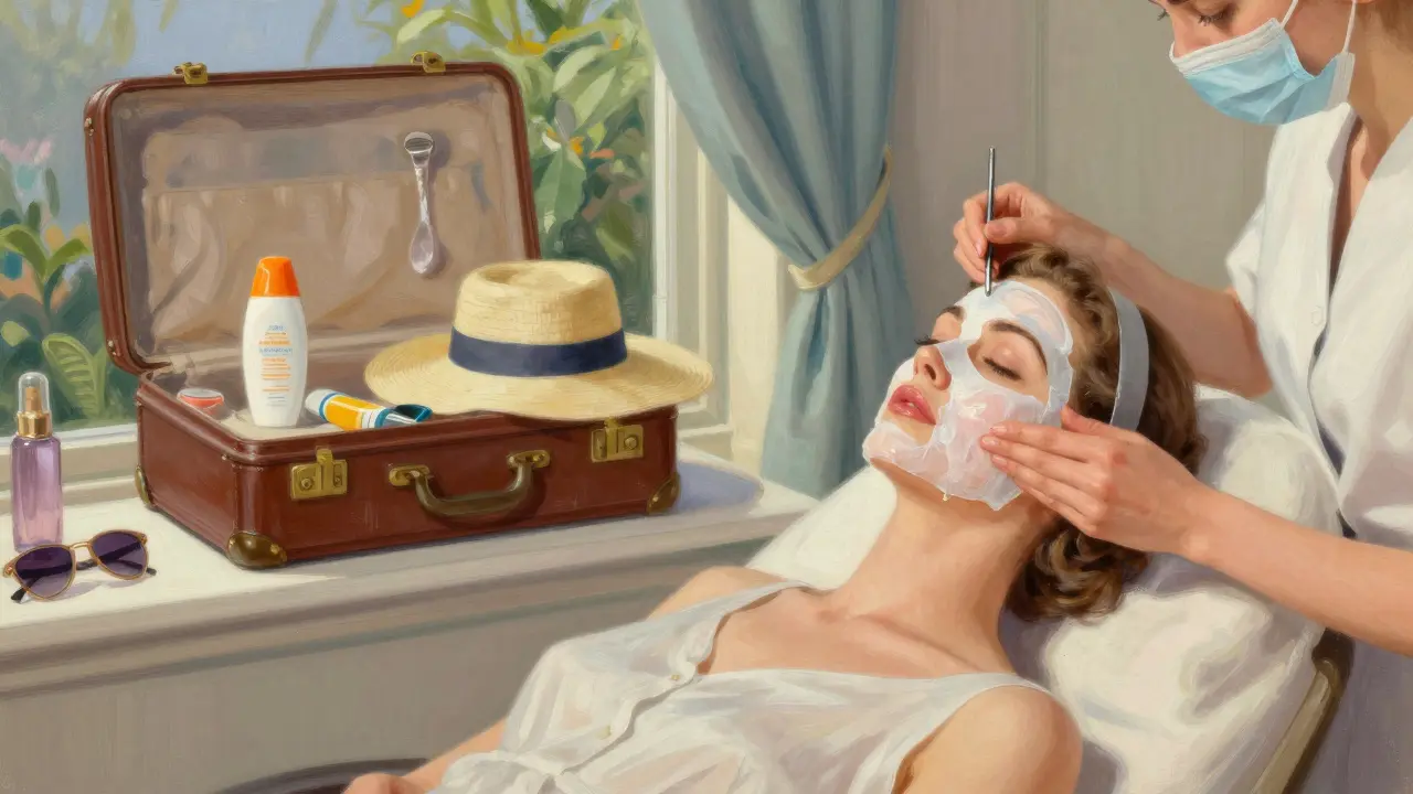Женщина получает коллагенотерапию в салоне, рядом чемодан с солнцезащитными средствами.