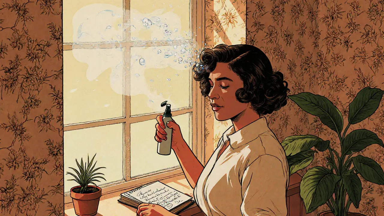 Женщина распыляет воду на кудрявые волосы, наблюдая за впитыванием.