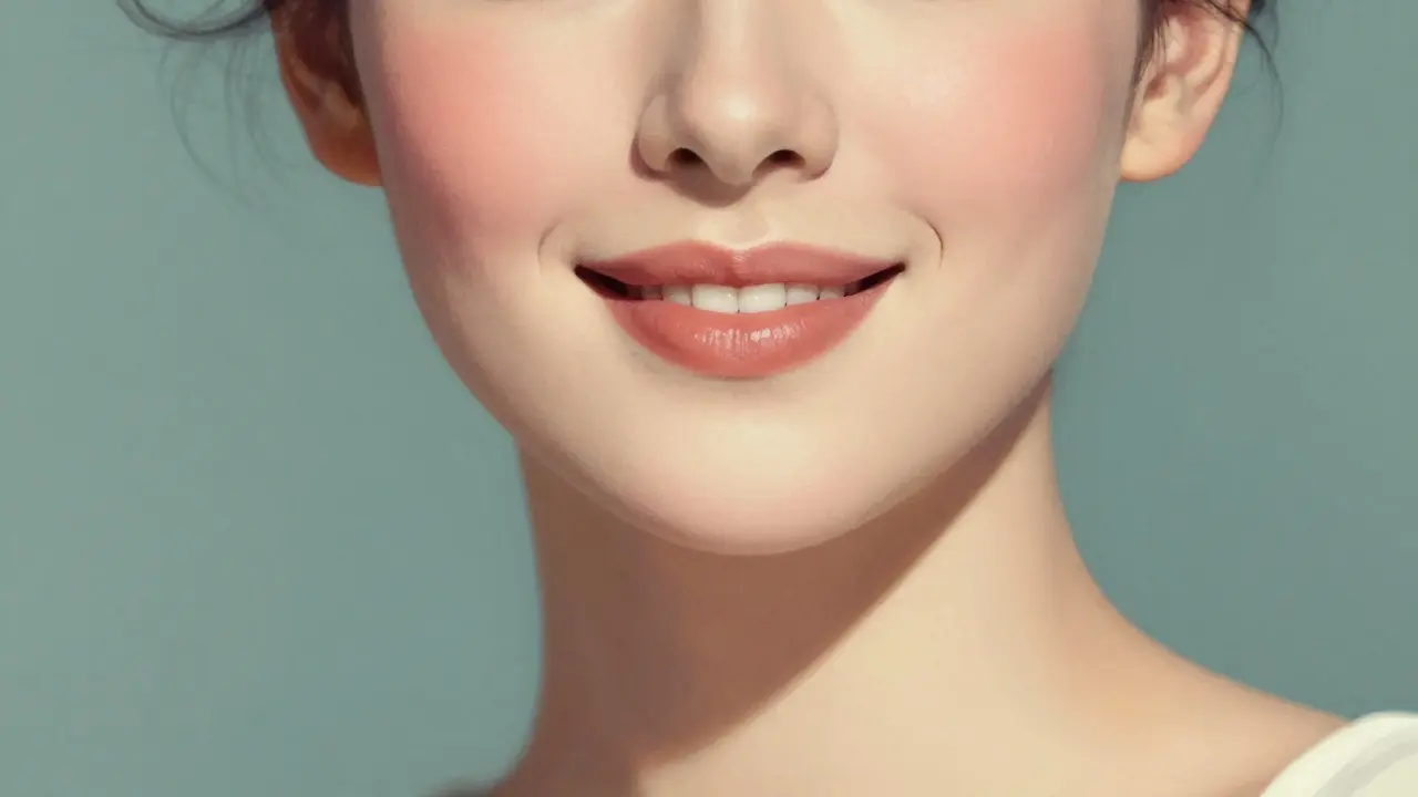 Женщина с естественно полными губами, усиленными белым карандашом, сияющая кожа и утонченная элегантность.