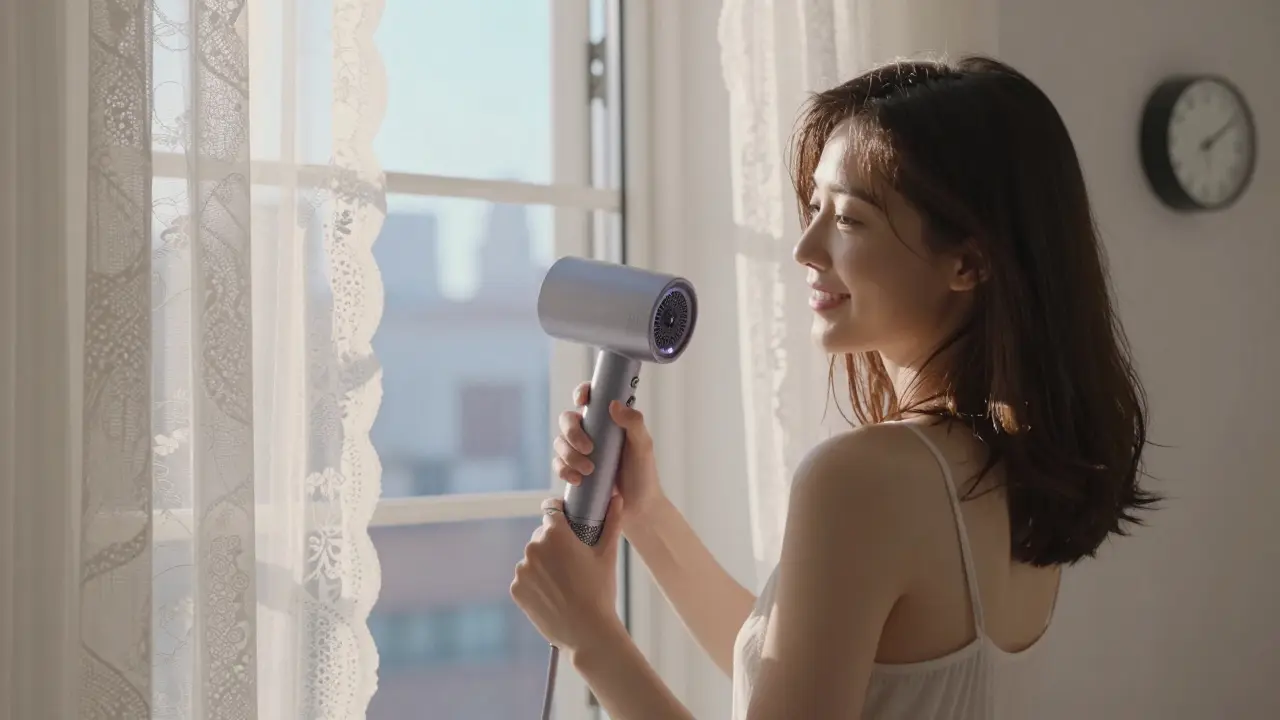 Женщина с легкой влажностью на кончиках волос смотрит в окно, утренний свет и гладкие пряди подчеркивают здоровье волос.