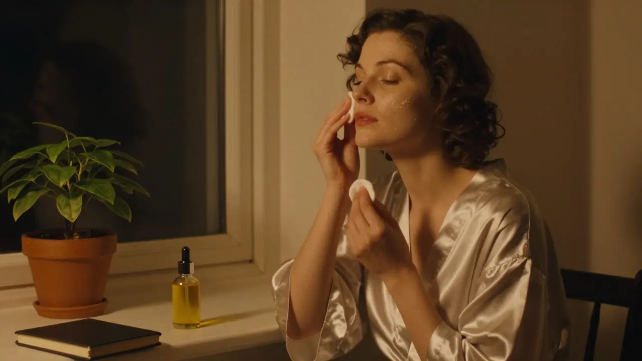 Женщина снимает макияж маслом и очищает лицо в тёплом свете вечера.