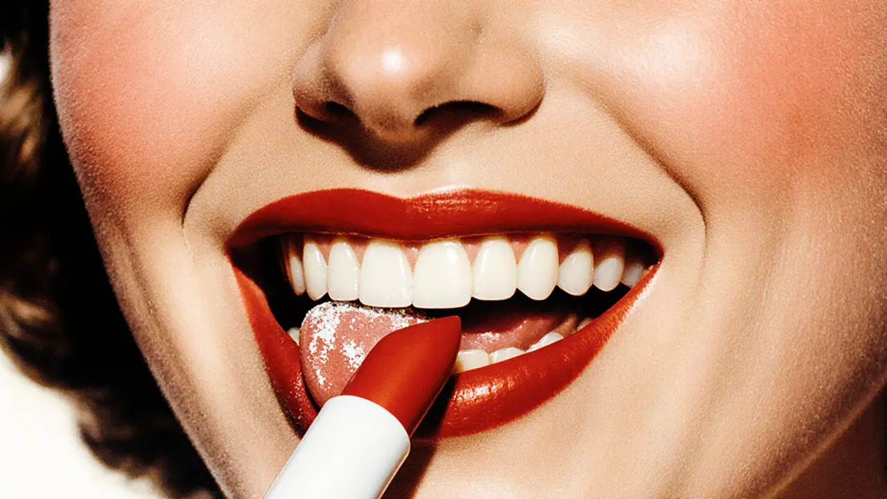 Женщина улыбается, язык аккуратно убирает остатки помады с зубов.