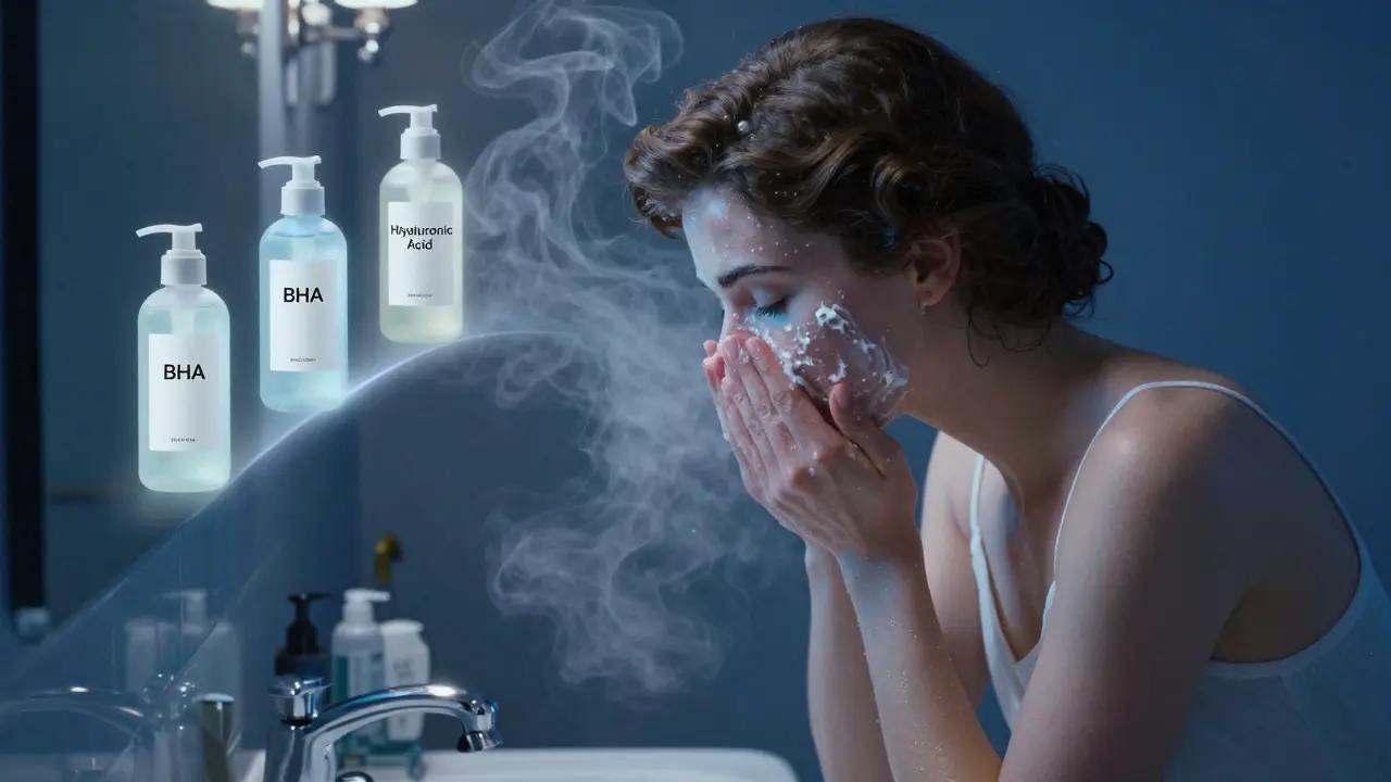 Женщина умывается в ванной, над ней светятся флаконы с активными ингредиентами для ухода за кожей после тренировки.