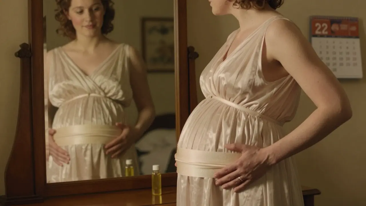 Беременная женщина смотрит в зеркало, на животе бандаж, рядом масло жожоба.