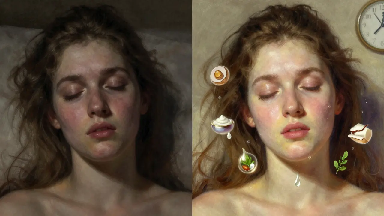 Диptyх: усталое лицо слева, сияющее — справа, с символами восстановления кожи.