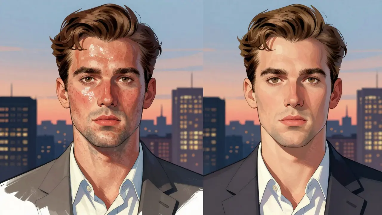 До и после биоревитализации: мужчина с тусклой кожей и сияющим, здоровым лицом в одном кадре.