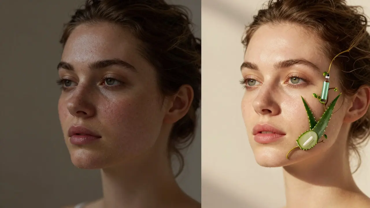 До и после: тусклая кожа слева, сияющая — справа, с растительными элементами, символизирующими восстановление.