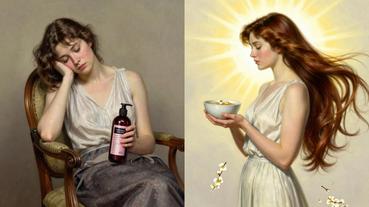 До и после: тусклые волосы слева, сияющие — справа, женщина в лучах света.