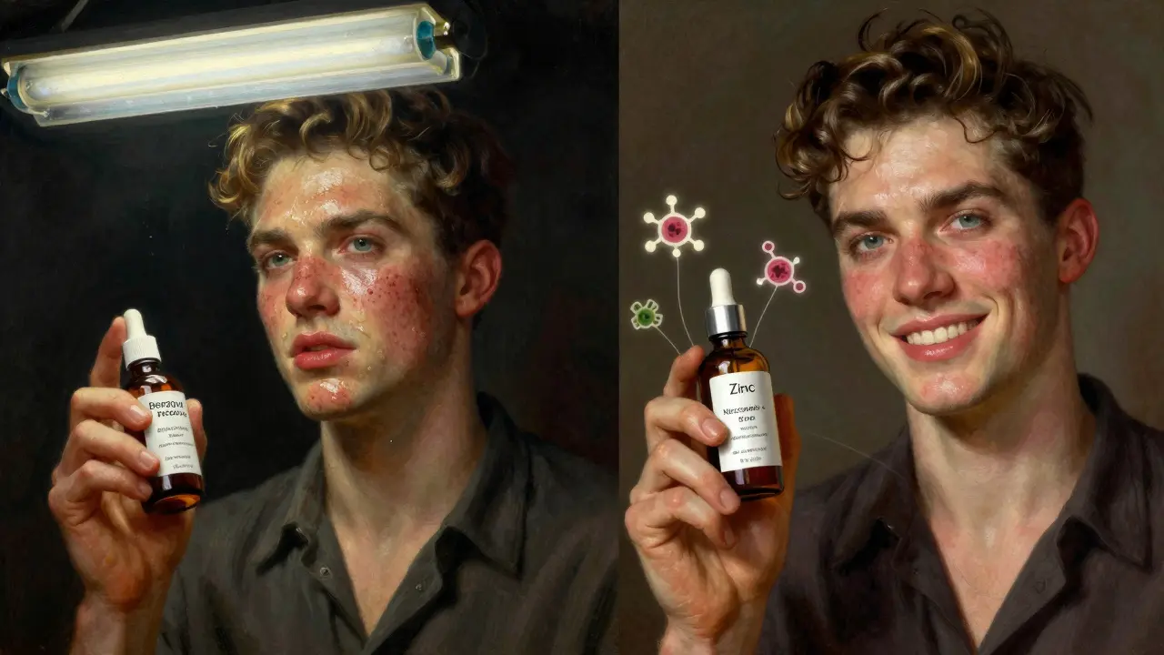 Два изображения одного человека: до и после использования ниацинамида и цинка, с визуальными символами борьбы с акне.