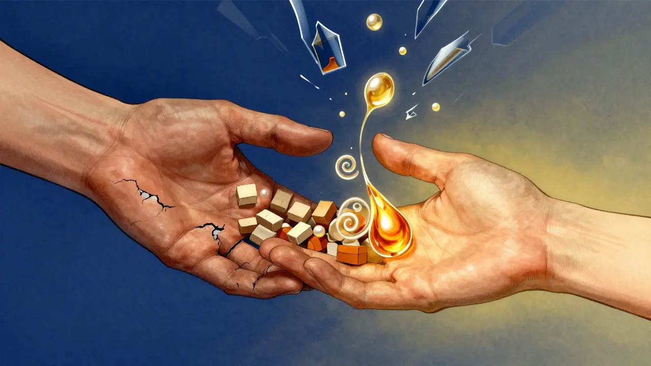 Две руки: одна сухая и треснувшая, другая увлажнённая с видимыми активными ингредиентами, символически изображёнными.