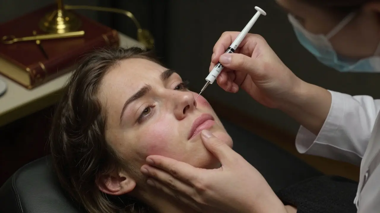Папульная мезотерапия: специалист вводит иглу глубоко в щеку, кожа слегка сжата, виден намёк на синяк.