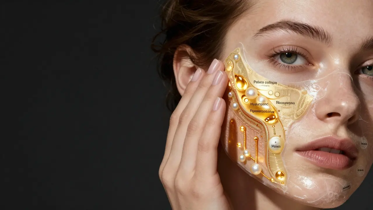 Рука наносит ночную маску, внутри кожи видны проникающие молекулы и растительные экстракты.