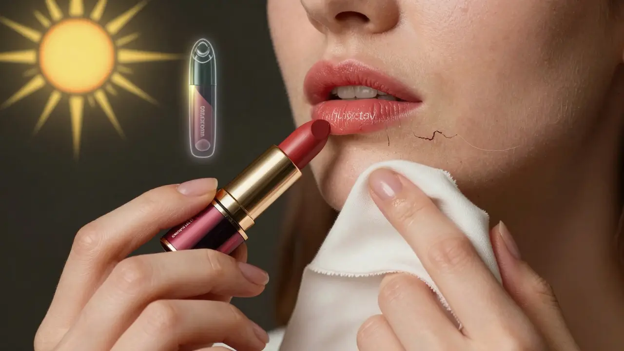 Руки снимают масло с губ, рядом — помада, солнечные лучи и намек на будущую технологию.