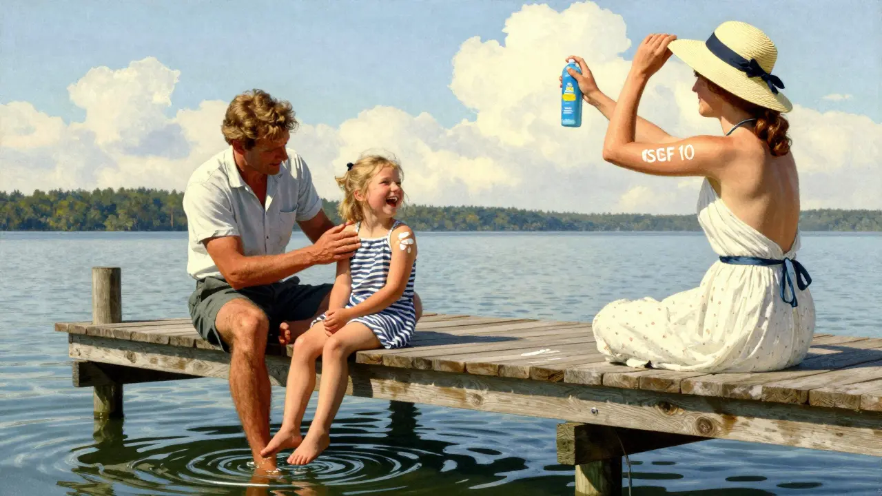 Семья на пирсе: отец наносит крем дочери, мать в шляпе, рядом спрей и вода.