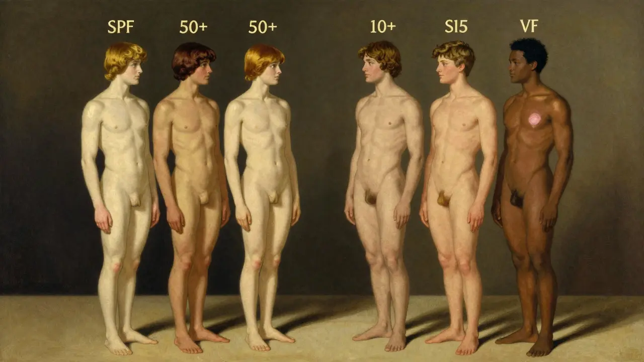 Шесть фигур с разными типами кожи стоят в ряд, каждая с соответствующей защитой от солнца.