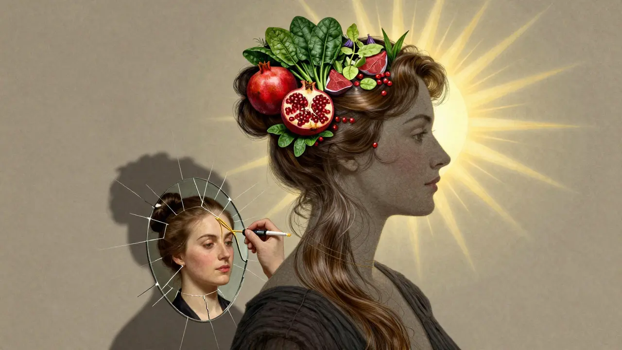 Силуэт женщины, чья голова превращается в сад из здоровых волос, с символами питания и света.