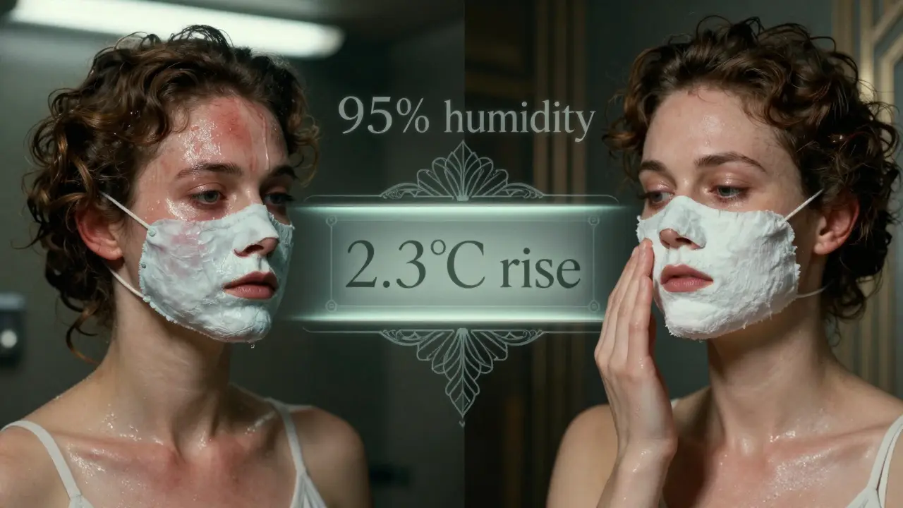 Сравнение синтетической и хлопковой маски: раздражение против спокойной кожи, тепловые и влажностные эффекты в декоративной форме.