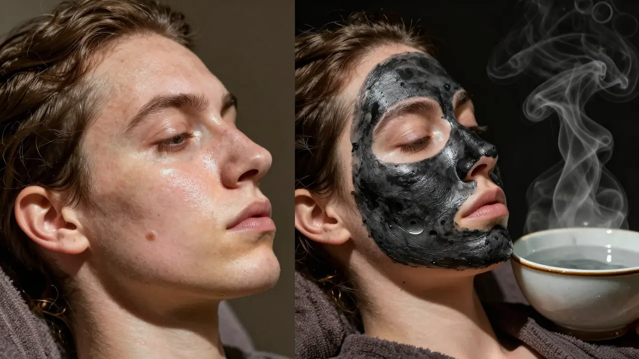 Сравнение жирной кожи до и после применения маски с углем, паровая ванночка рядом.