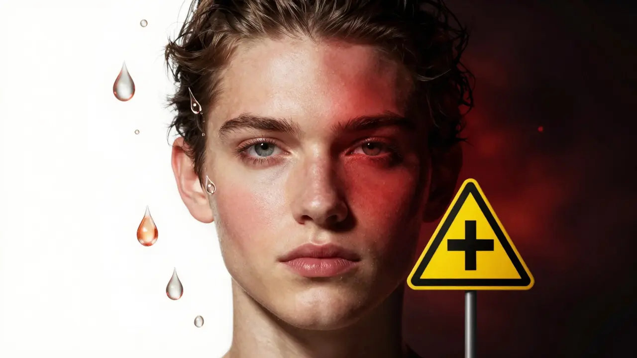 Светлая сторона лица с сияющей кожей против теней с признаками опасных противопоказаний.