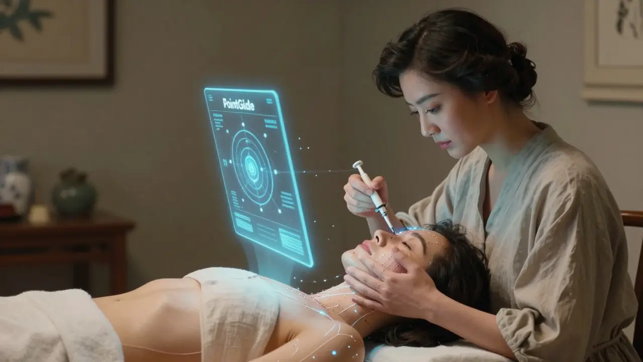 Точечная мезотерапия с акупунктурными точками, светящиеся линии на руке и виске, рядом — голографический интерфейс.