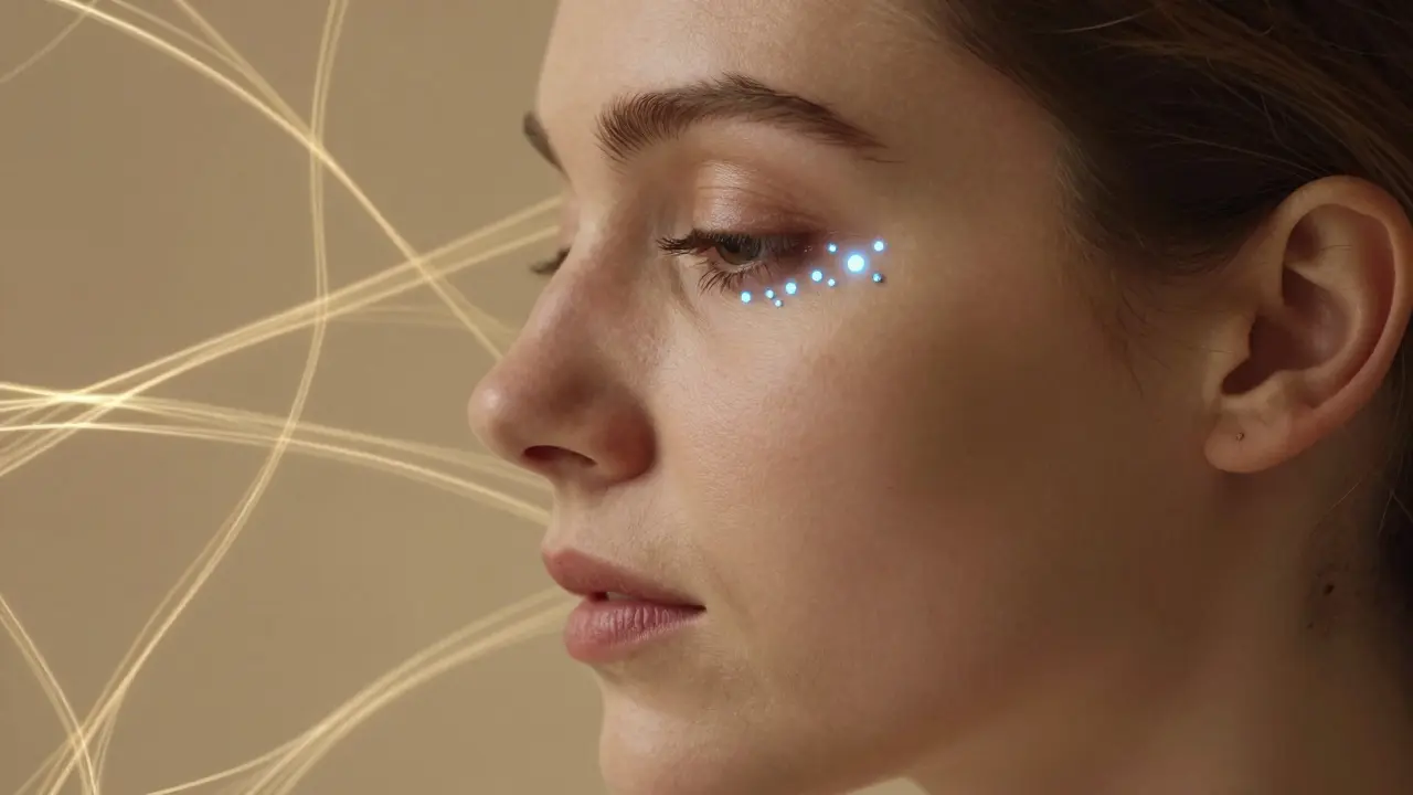 Тонкие точки инъекций вокруг глаз светятся, как капли гиалуроновой кислоты, восстанавливая кожу.