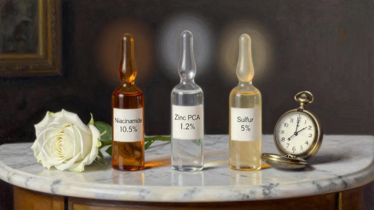 Три элегантные флакона с ингредиентами для кожи с акне на мраморной поверхности, с розой и часами, в стиле старинной рекламы.