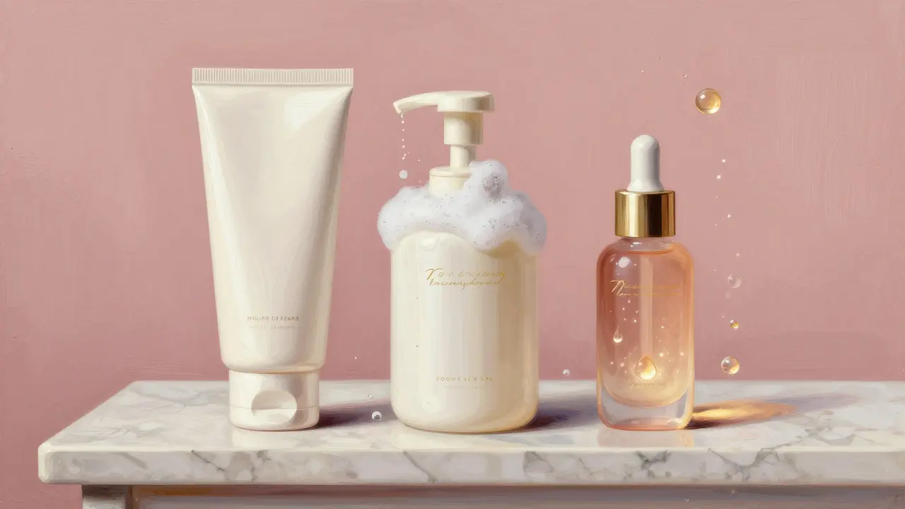 Три средства для деликатного очищения на мраморной поверхности с элементами влаги и липидов, оформленные в стиле классической иллюстрации.