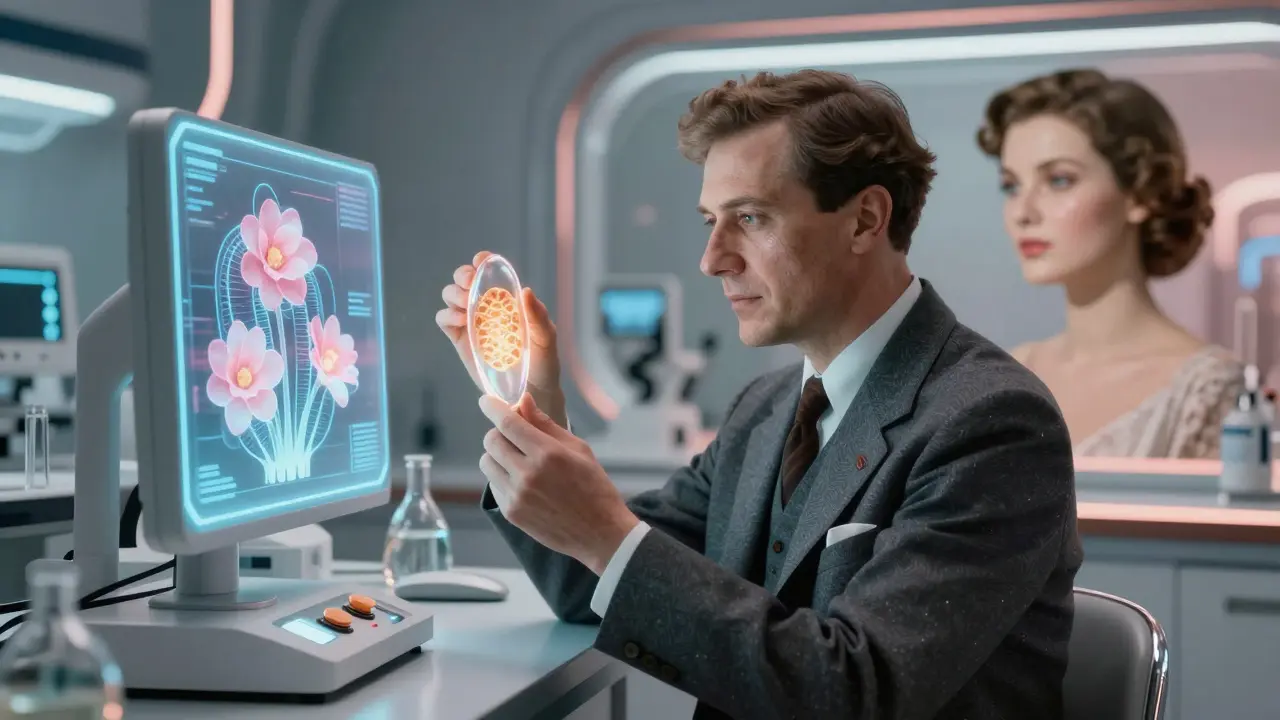 Учёный в лаборатории 2025 года наблюдает за голографическим изображением активации водных каналов в коже.