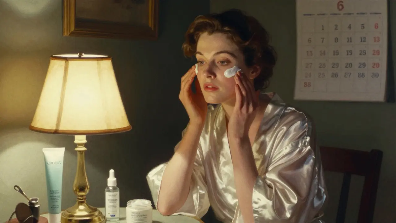Вечерний уход: женщина снимает макияж бальзамом, уютная обстановка, символ восстановления.