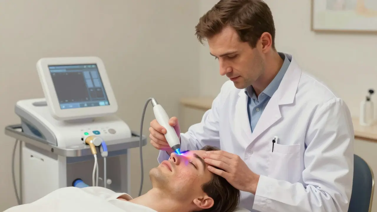 Врач проводит IPL-процедуру, световой импульс воздействует на капилляры на лице пациента.